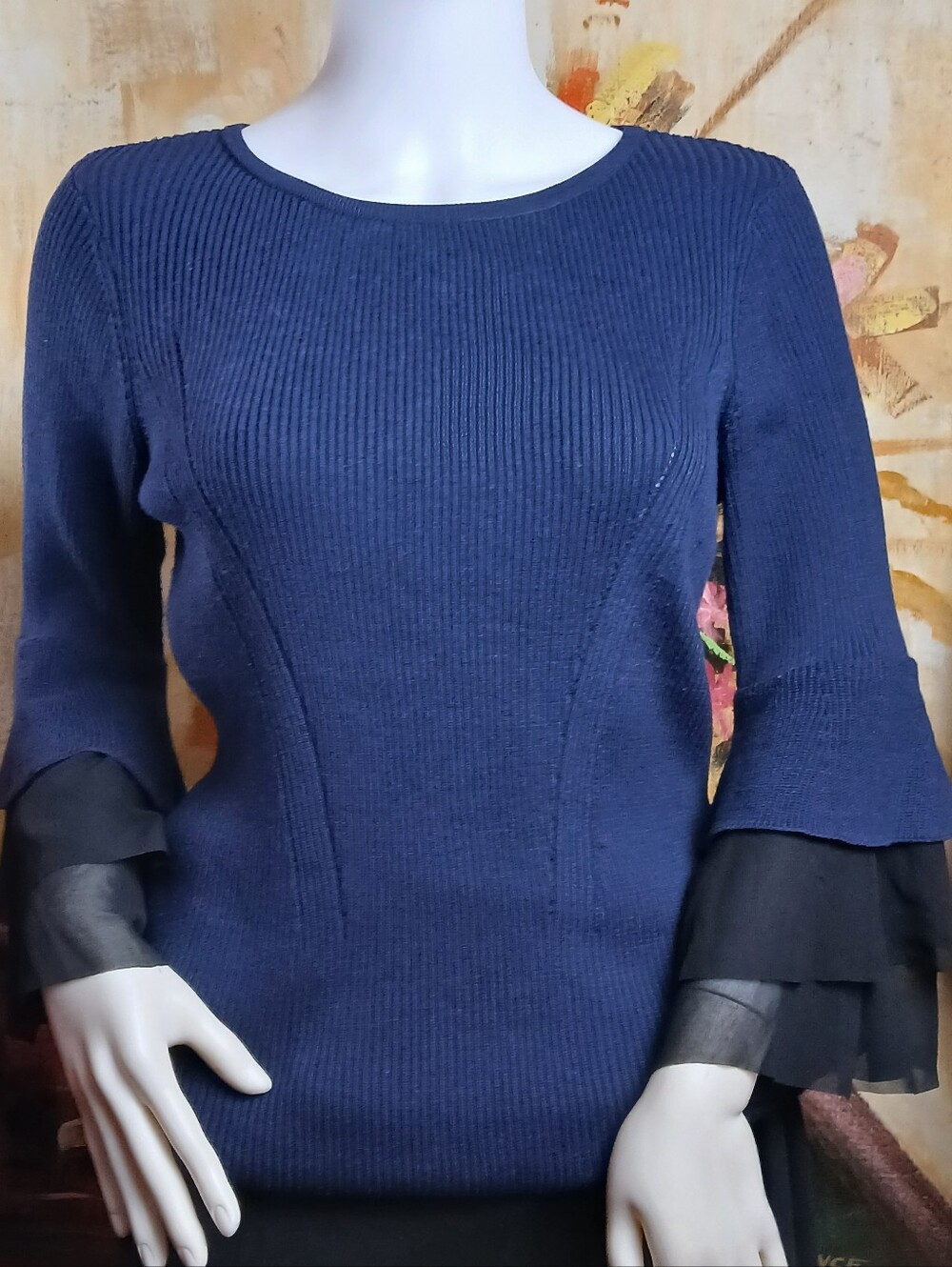 Women's Navy Ribbed Crewneck Sweater with Sheer Ruffle Cuffs